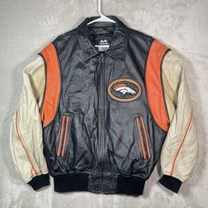 Denver Broncos Jacket Mens L Black Orange Football Suede Leather Bomber NFL Vtg